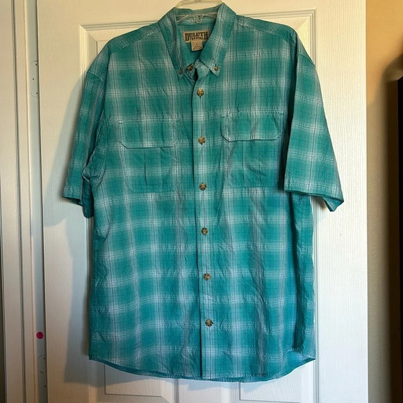 Duluth Trading Co men’s blue nylon blend button down shirt size large - Picture 1 of 8